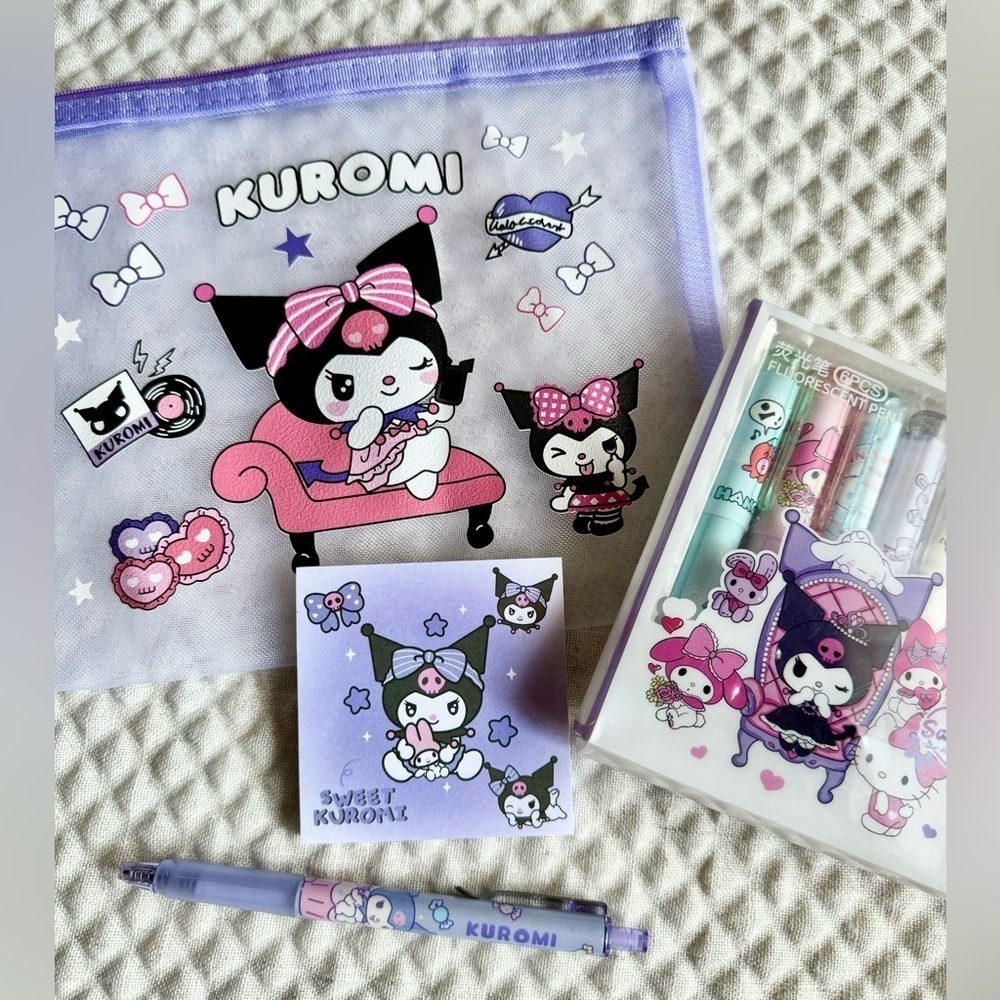 New Sanrio Kuromi Zip Pouch, Pen, Highlighter Markers, Note Pad - Set of 4